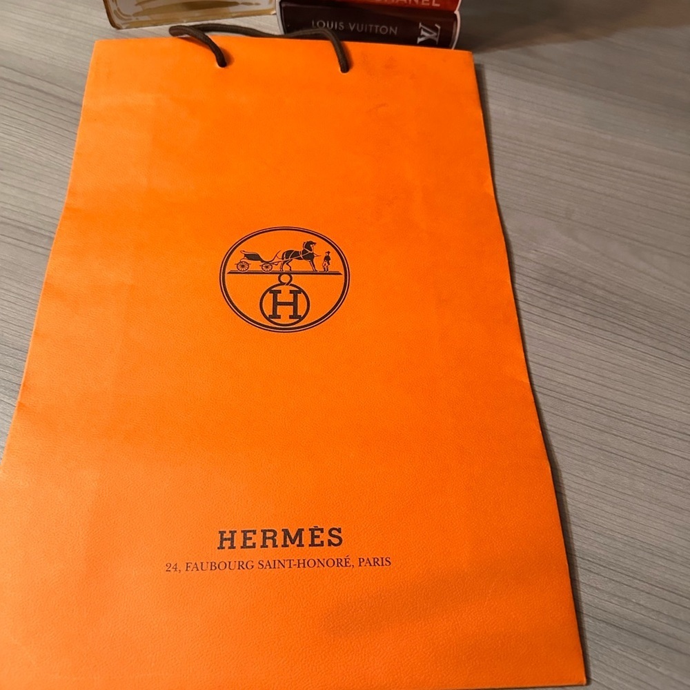 Hermes Orange Shopping Bag with Black Handles and Logo